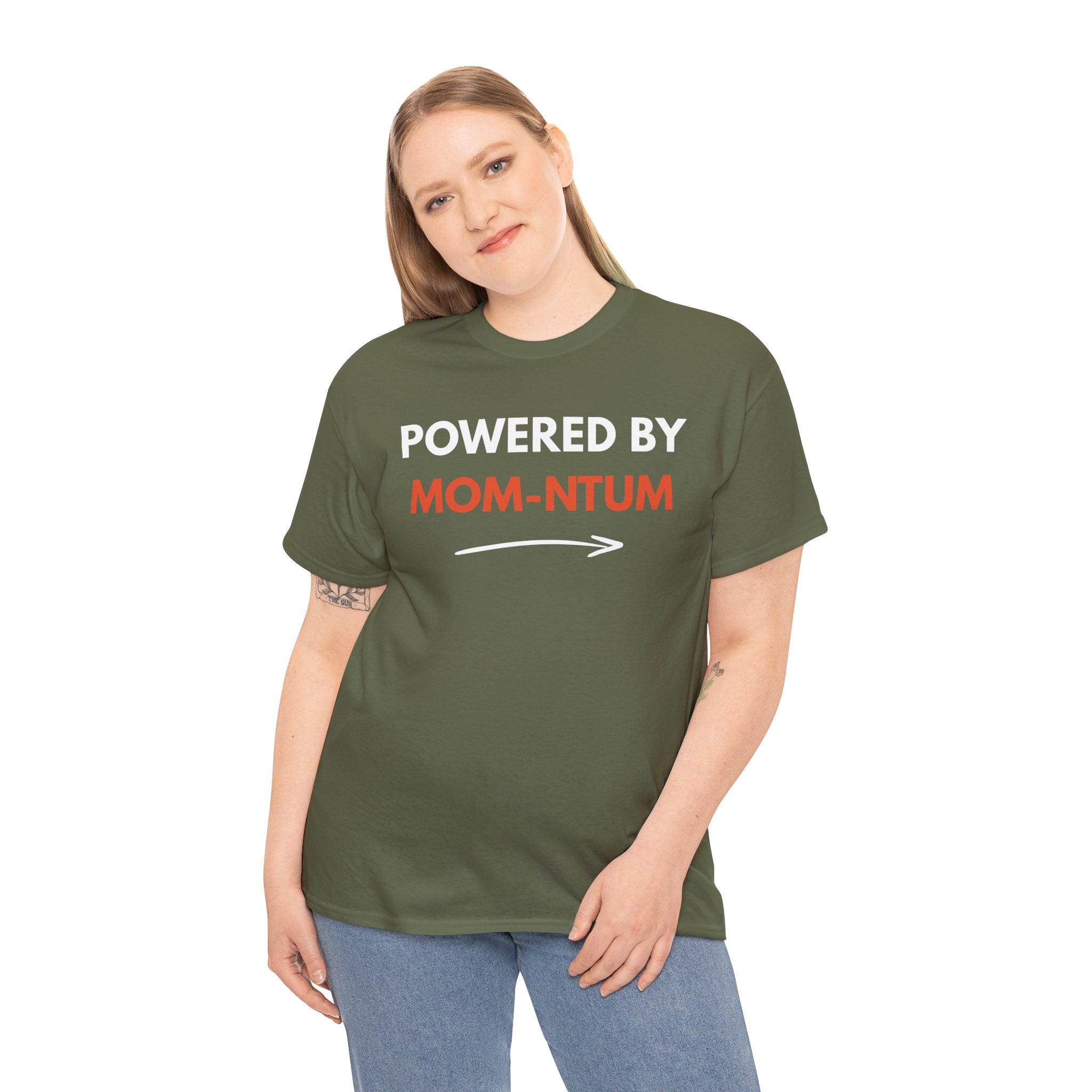 Powered By MOM-NTUM T-Shirt — Funny Mom Shirt, Motherhood Momentum Tee